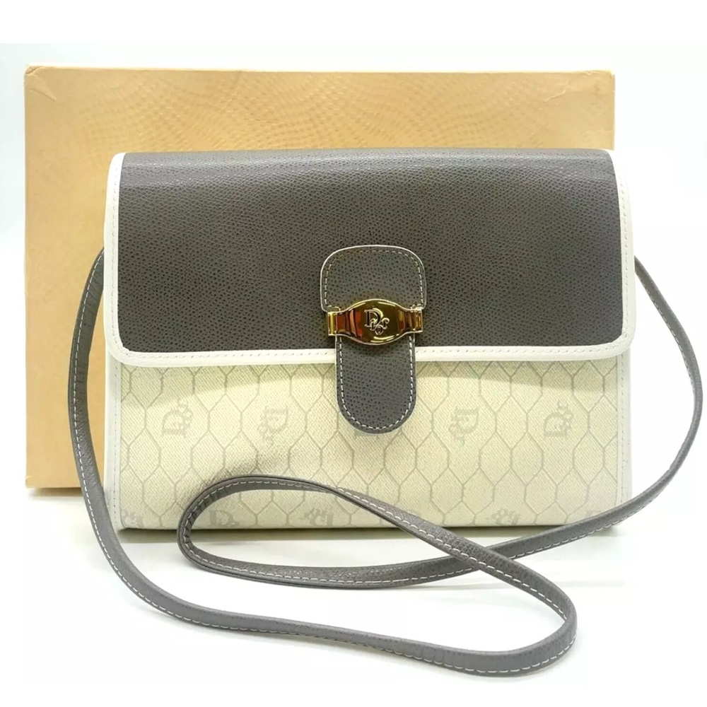 Auth Christian Dior Honeycomb Leather Gray Shoulder bag W/Box